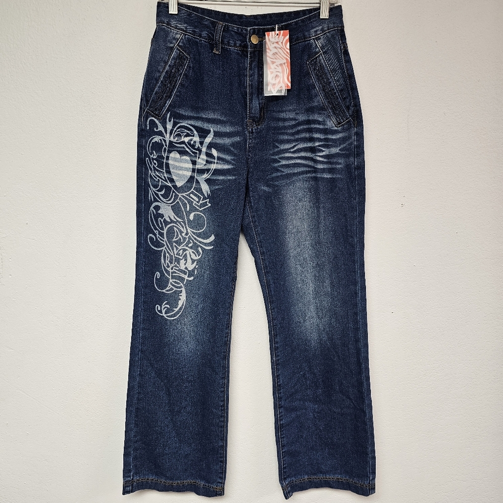 NEW Highrise Baggy Graphic Print Jeans Sz S 28X30 By Romwe Urban Grunge Artsy